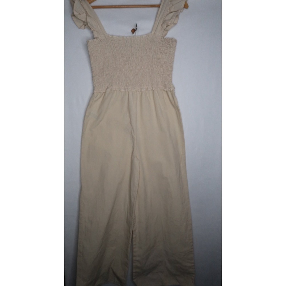 ASOS Beige Linen Blend Smocked Wide Leg Jumpsuit Ruffle Strap Women's US 12 EUC